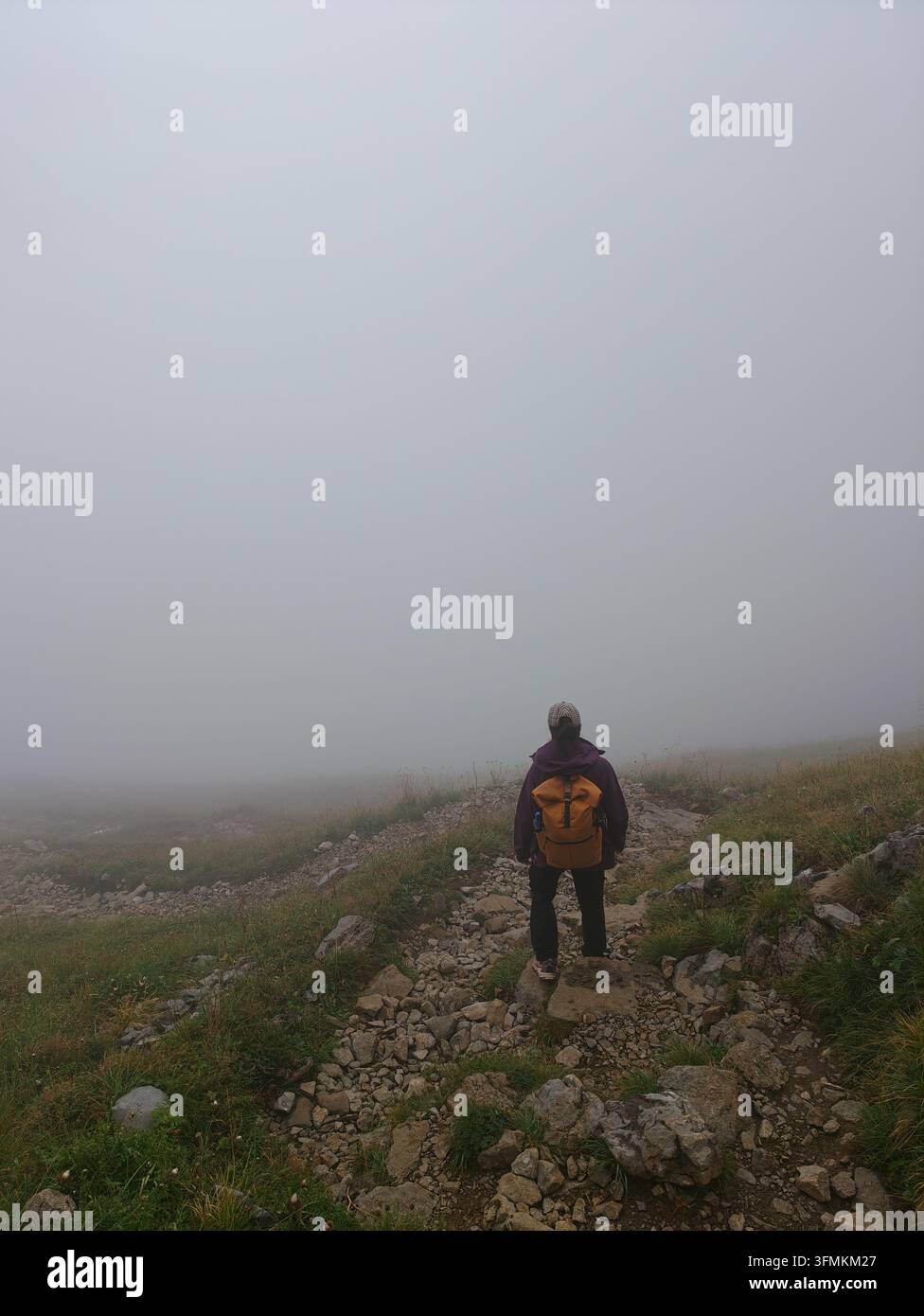 Escursione lungo il sentiero Meglisalp ad Appenzell in Svizzera, una figura solitaria è circondata da una leggera nebbia. L'atmosfera serena invita all'avventura Foto Stock