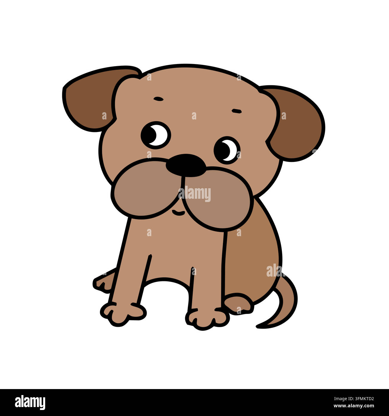 Illustrazione vettoriale isolata di cartone animato di un cane carlino carino. Concetto di arte lineare di un personaggio di cucciolo marrone felice. Banner di design di adesivo pop esteticamente kawaii Illustrazione Vettoriale