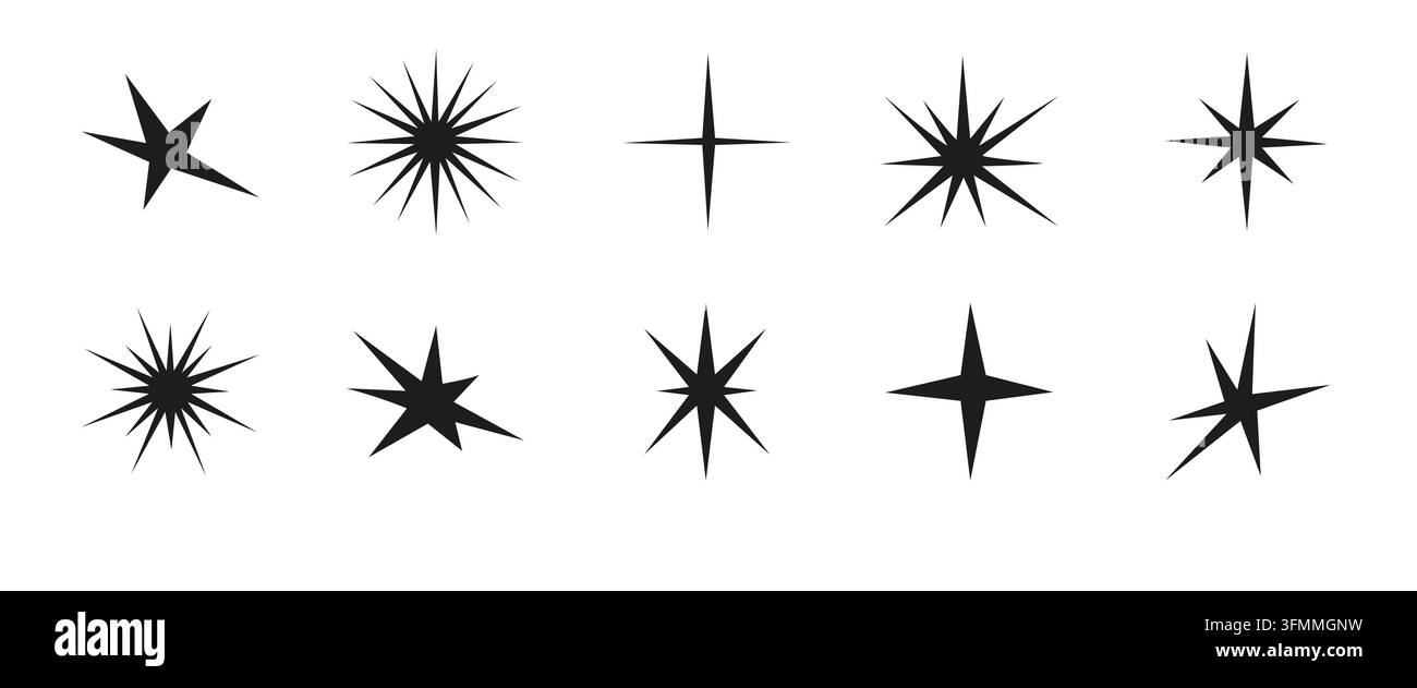 Icone vettoriali a forma di stelle. Elementi di design luccicanti e brillanti con forme a scoppio di stelle e scintilli magici Illustrazione Vettoriale