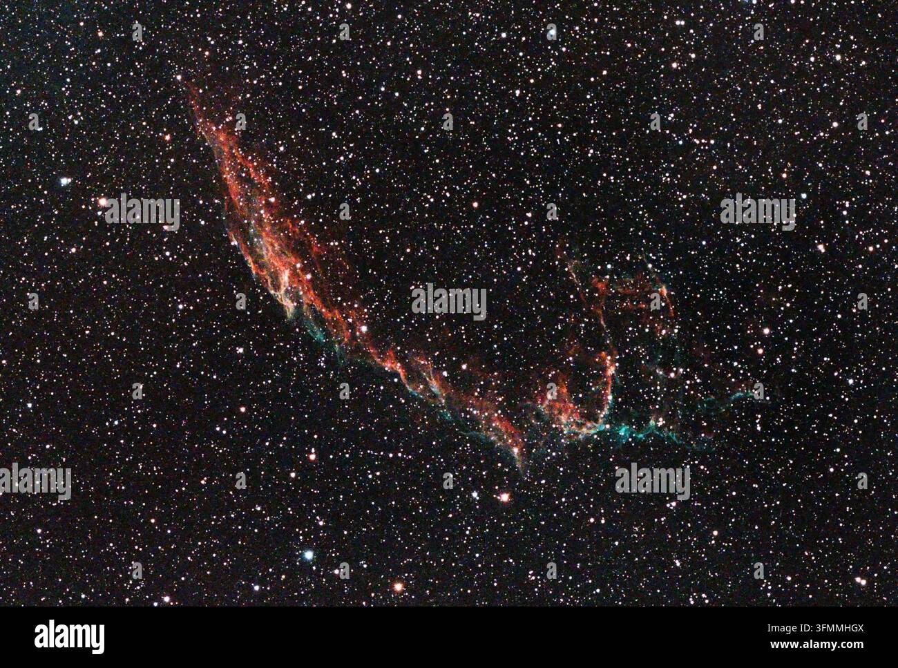 (NOTA DELL'EDITORE: Questa immagine composita è stata creata sovrapponendo più esposizioni catturate utilizzando un telescopio.) NGC 6992, parte della Nebulosa del Velo orientale, è visibile contro un campo denso di stelle. Gli intricati filamenti di gas luminoso formano parte del resto di supernova della Nebulosa del Velo nella costellazione del Cigno, creato dall'onda d'urto in espansione di una stella massiccia esplosa migliaia di anni fa. L'immagine rivela strutture allungate di gas ionizzato, con emissioni rosse e blu-verdi prominenti che tracciano diversi elementi all'interno del resto. (Foto di Manuel Romano/NurPhoto) Foto Stock