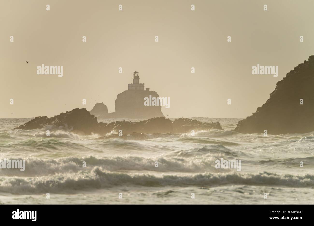 Il faro di Tillamook Rock si trova al largo, circondato da forti onde e nebbia marina vicino a Indian Beach lungo la costa dell'Oregon. Foto Stock