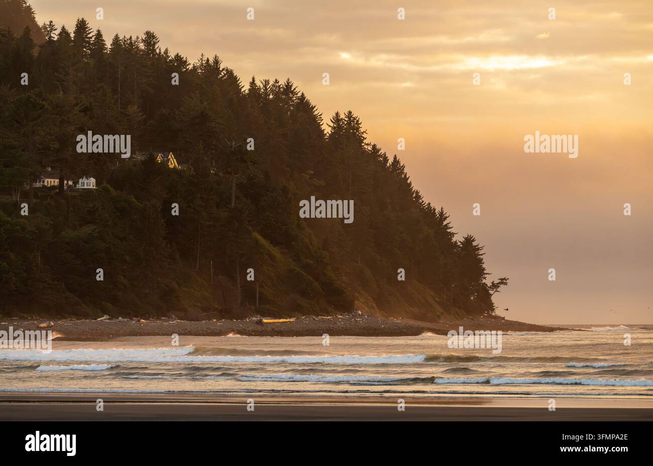 Le onde dell'oceano si infrangono sulla spiaggia di Tillamook Head a Seaside, situata lungo la costa del Pacifico della contea di Clatsop, Oregon. Foto Stock