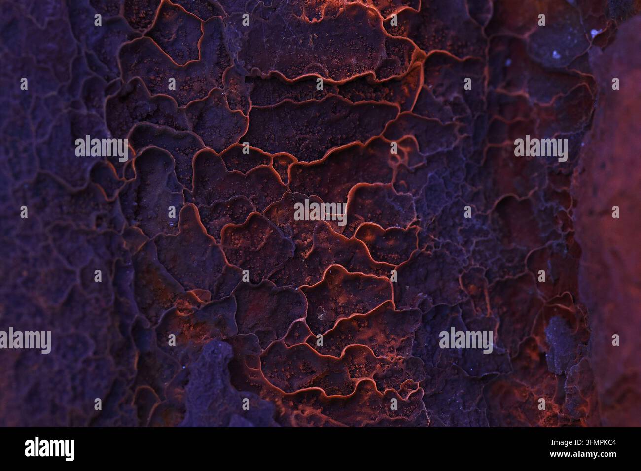 Primo piano di una texture astratta di superficie ossidata, che mostra modelli minerali sovrapposti viola, violetto e arancione con forme organiche incrinate e una ricchezza di colori Foto Stock