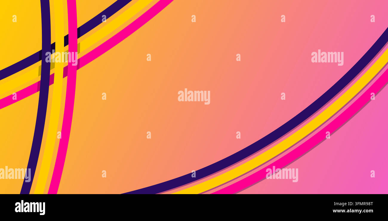 design astratto con linee audaci e sovrapposte in giallo, rosa e viola su uno sfondo liscio con sfumatura arancione e rosa Illustrazione Vettoriale