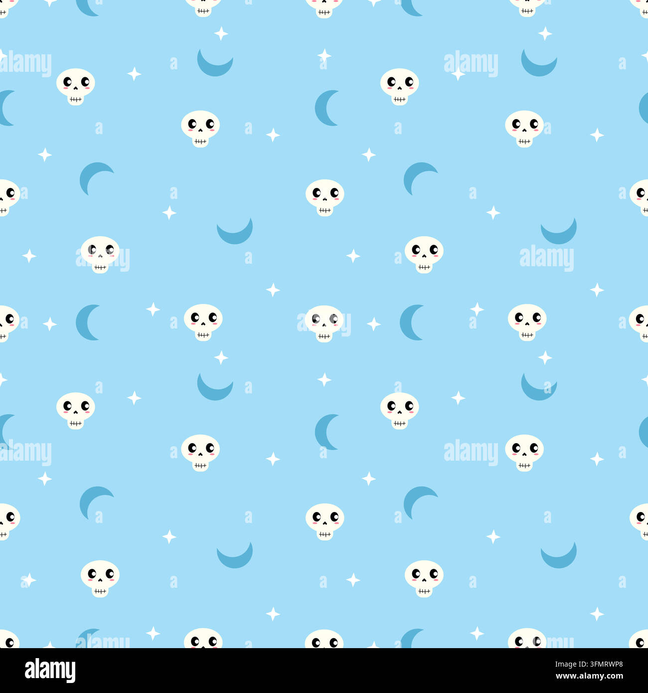 Motivo Halloween senza cuciture blu cielo pastello con teschi carini da cartone animato, falci di luna e stelle scintillanti, che combinano un look kawaii allegro con un morbido Illustrazione Vettoriale