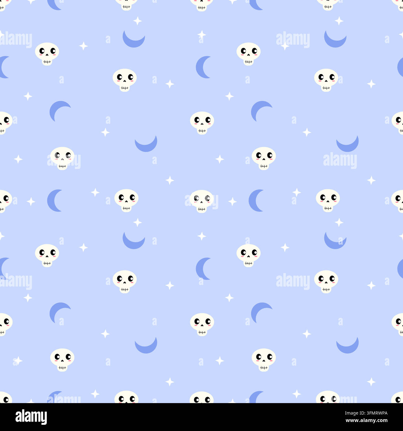 Motivo Halloween senza cuciture blu pastello con simpatici teschi kawaii, falci di luna e stelle scintillanti su uno sfondo blu morbido, adatto per tessuti Illustrazione Vettoriale