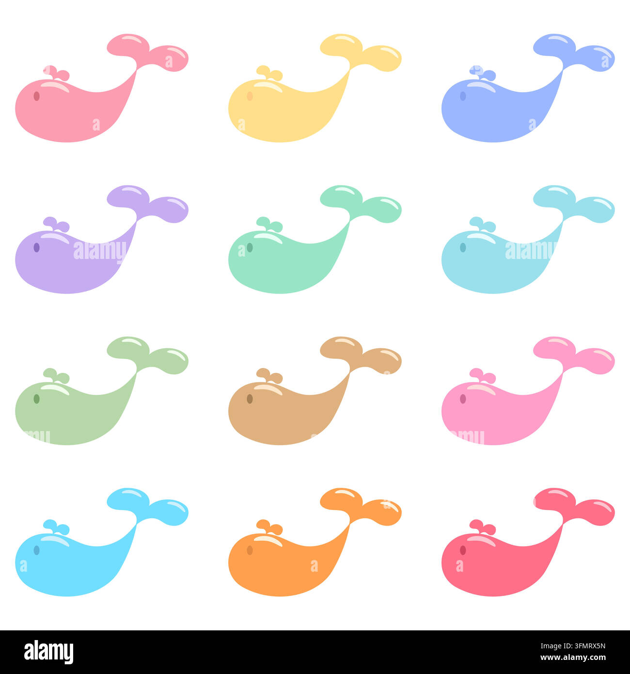 Collezione colorata di personaggi di balene carini in 12 varianti di colori pastello con code schizzanti giocose, isolate su sfondo bianco per marine an Illustrazione Vettoriale