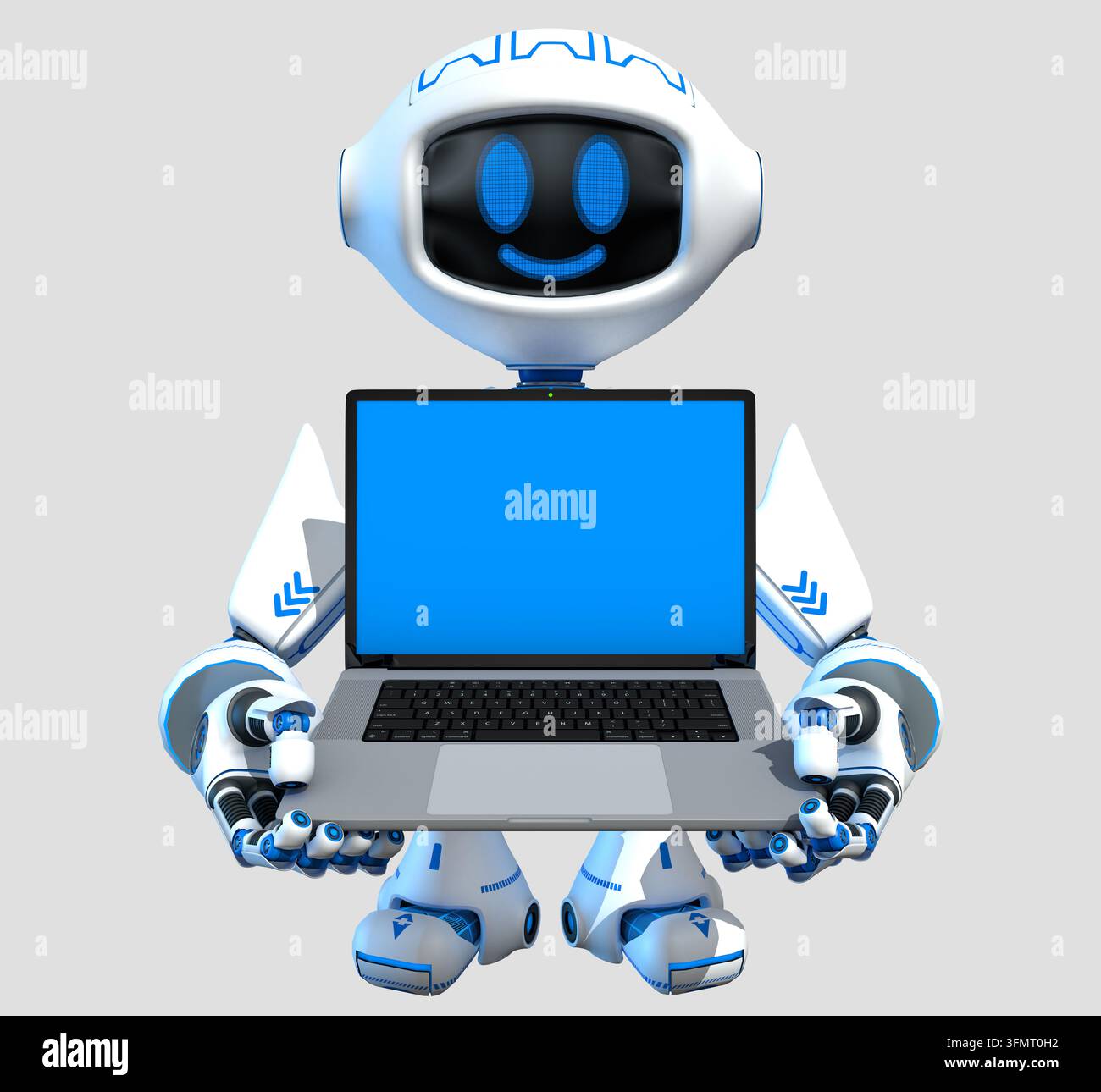 Vista frontale di un piccolo robot bianco con grafica blu, sorridente e che mostra un laptop aperto con schermo blu su uno sfondo grigio. Illustrat 3D Foto Stock