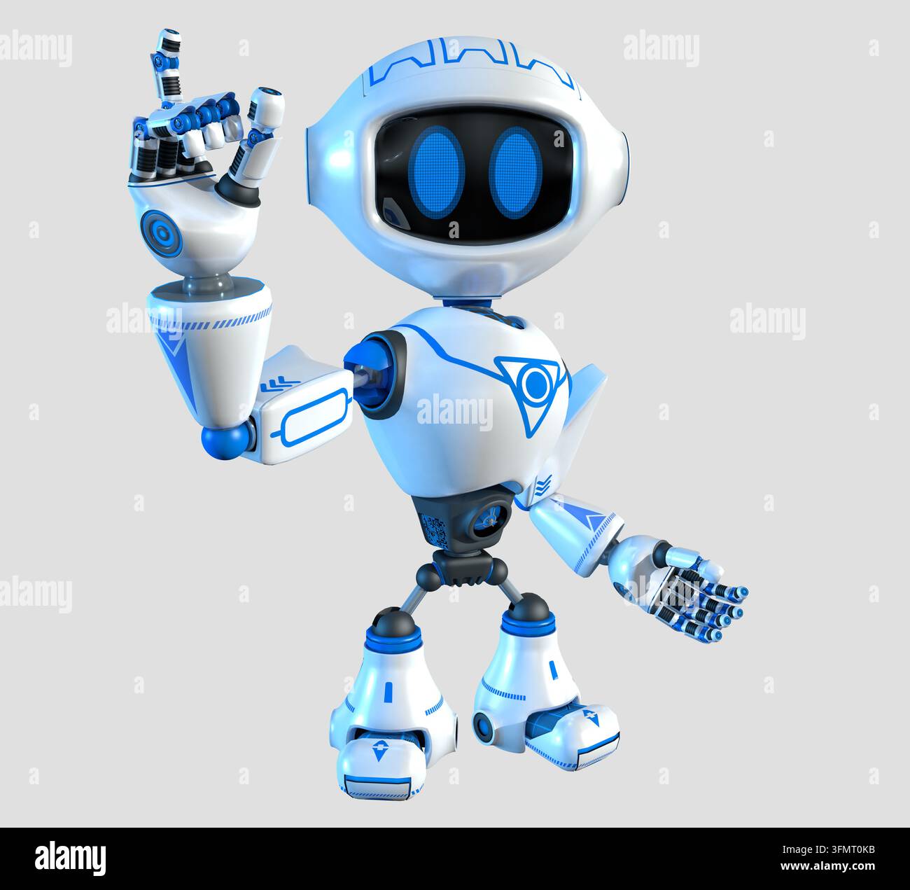 Piccolo robot bianco con grafica blu e grandi occhi che guarda la fotocamera con il braccio destro alzato, su uno sfondo grigio. Illustrazione 3D Foto Stock