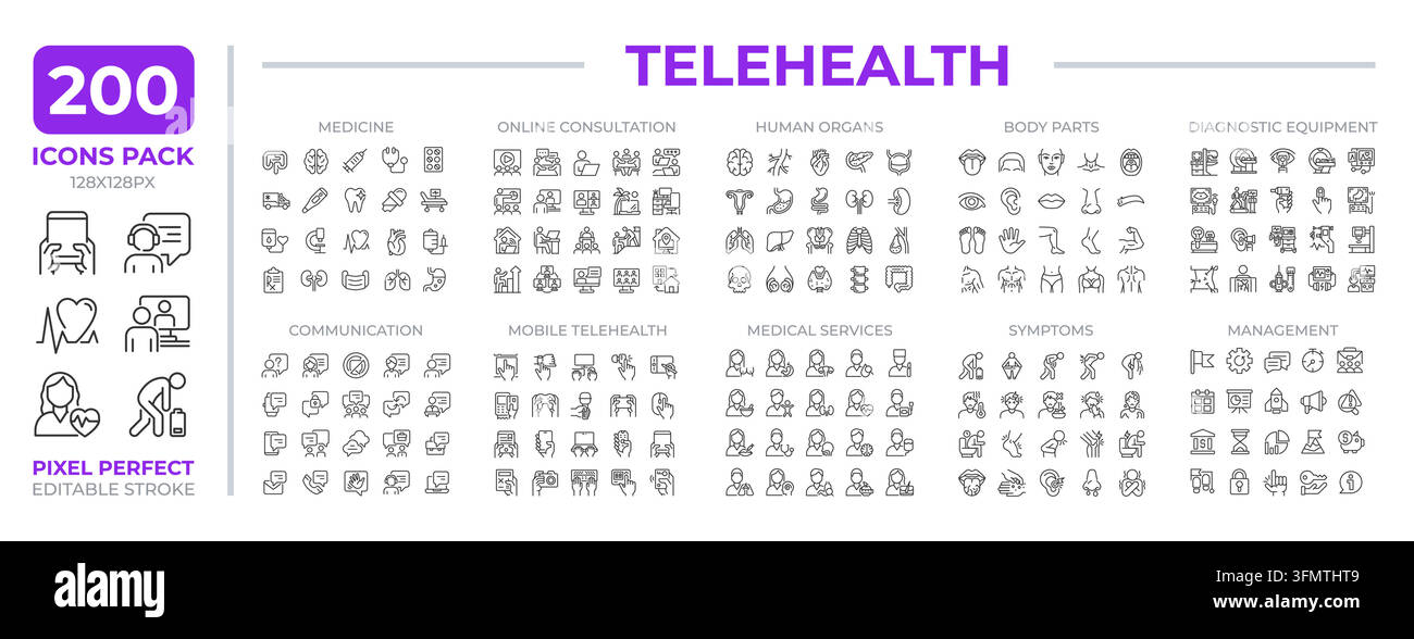 Collezione di set di icone lineari per la telemedicina Illustrazione Vettoriale
