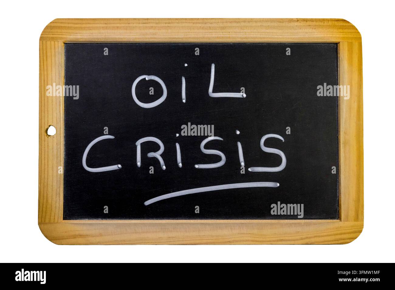 le parole "crisi petrolifera" scritte su un ardesia Foto Stock