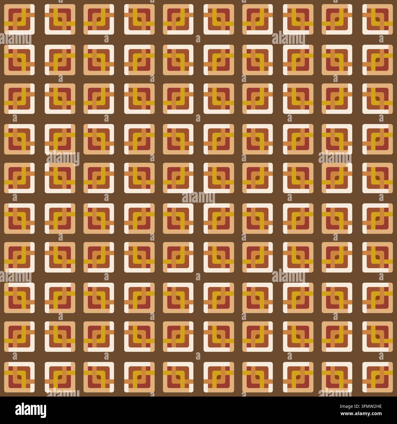 Modello geometrico senza cuciture con piccoli motivi quadrati arrotondati e linee interlock terracotta e senape su uno sfondo marrone caldo. Foto Stock