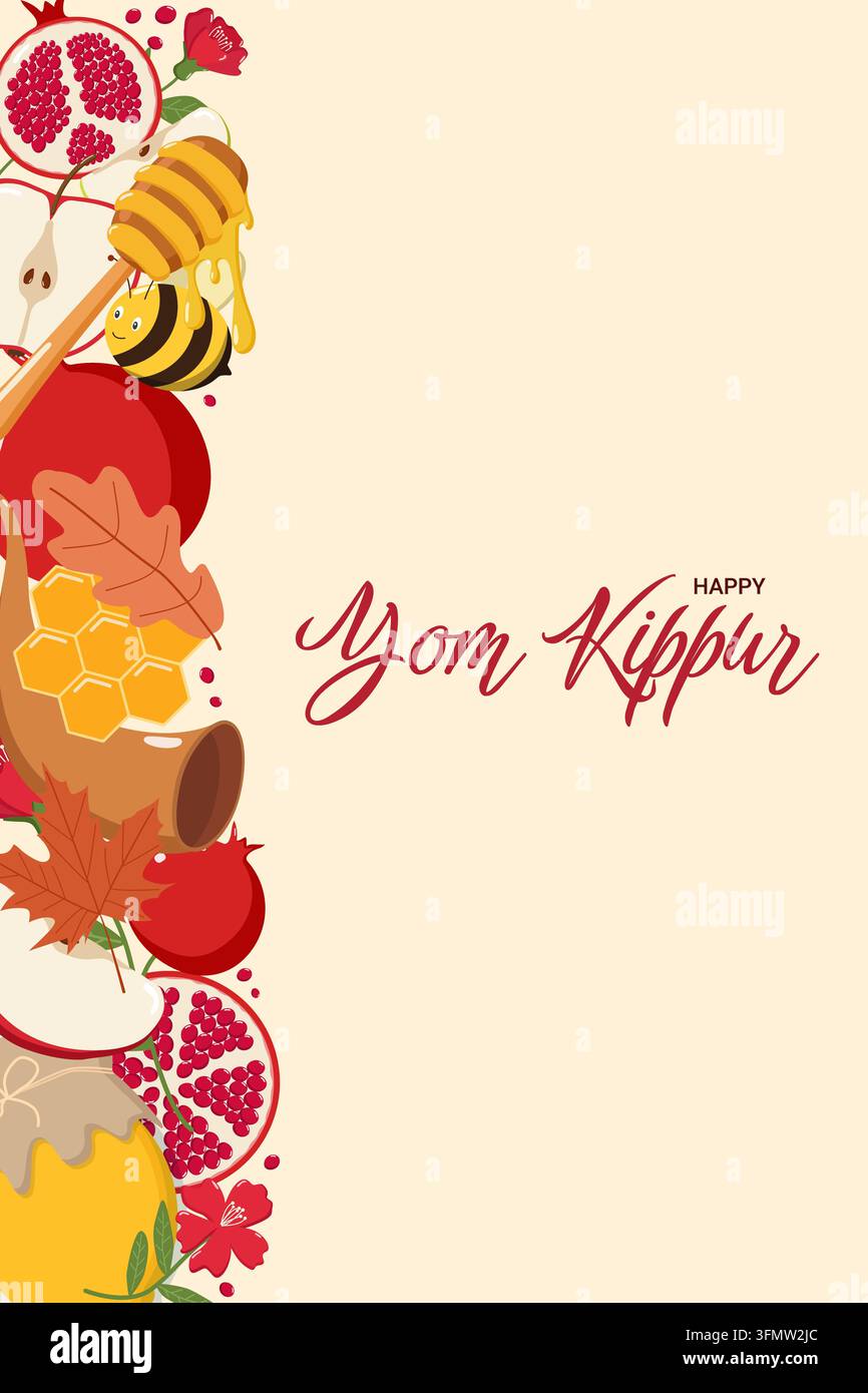 Illustrazione festiva di Yom Kippur con testo "Buon Yom Kippur" in corsivo rosso, con mele, melagrane, miele, ape, miele, shofar e autunno l Foto Stock