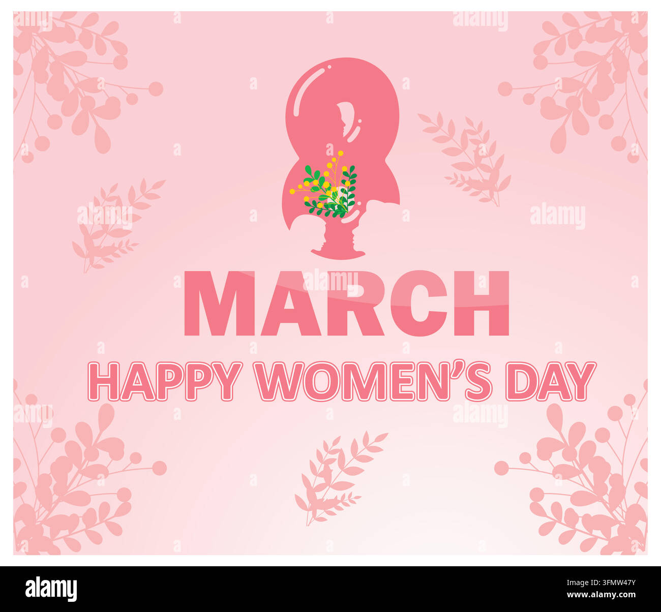 Festeggia la Giornata della Donna a marzo con questo bellissimo design floreale con caratteri rosa ed eleganti. Perfetto per biglietti di auguri, post sui social media e Illustrazione Vettoriale