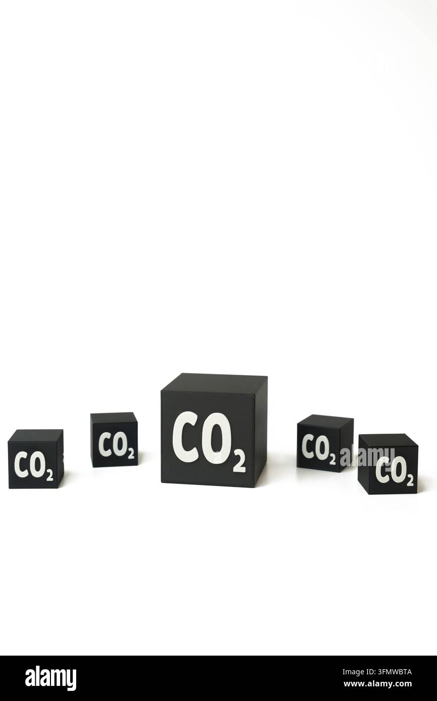 Grande cubo di CO2 con cubetti più piccoli su sfondo bianco. Concetto di disuguaglianza del carbonio, prestazioni ambientali e obiettivi climatici. Emissioni eccessive Foto Stock
