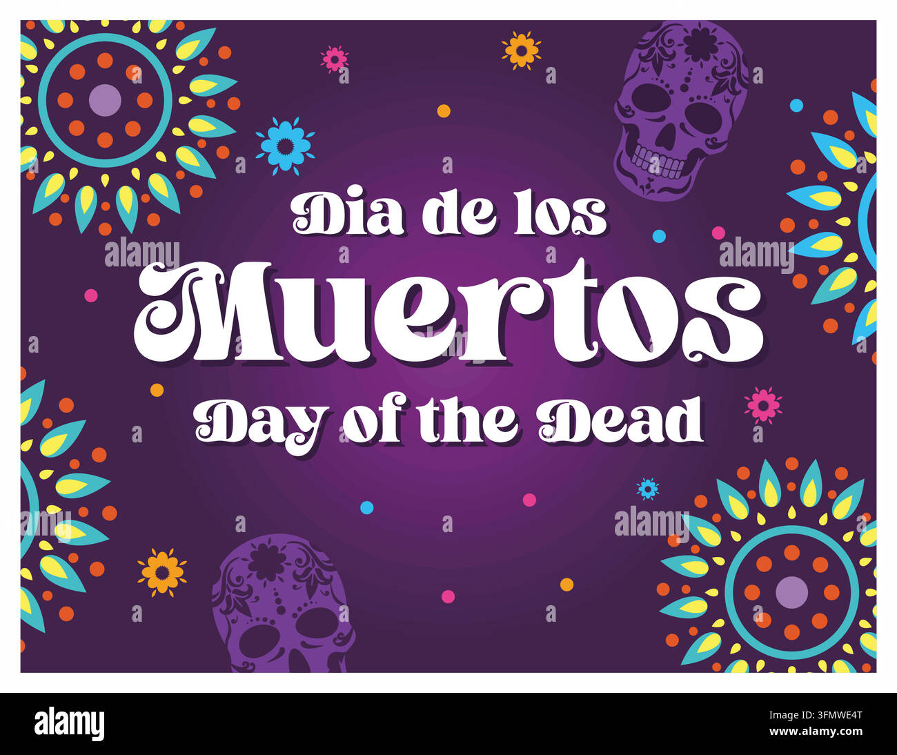 Poster vivace del Dia de los Muertos che celebra il Giorno dei Morti messicano con testi e motivi audaci. Illustrazione moderna vettoriale piatta Illustrazione Vettoriale