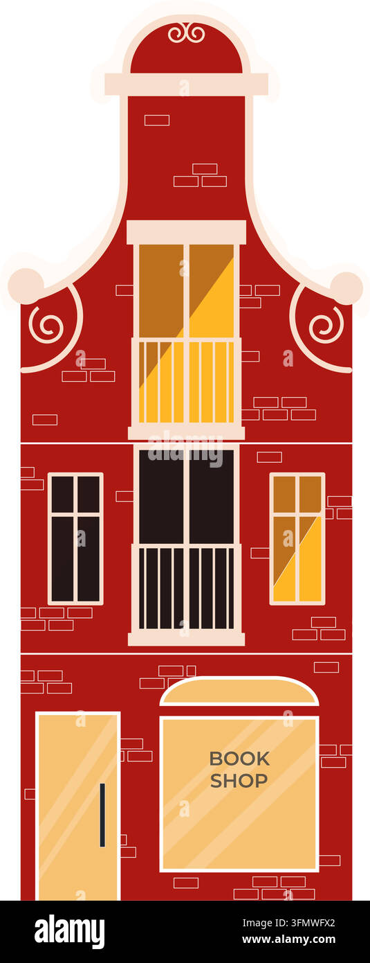 Affascinante facciata di libreria europea in mattoni rossi con finestre, balcone, ingresso e vetrina, ideale per grafica editoriale, scene di città, viaggi des Illustrazione Vettoriale