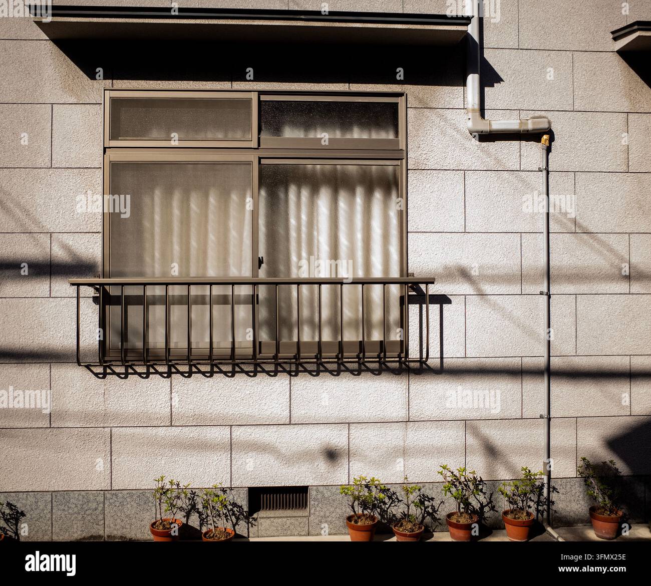 Finestra residenziale giapponese moderna con ringhiera del balcone e piante in vaso Foto Stock