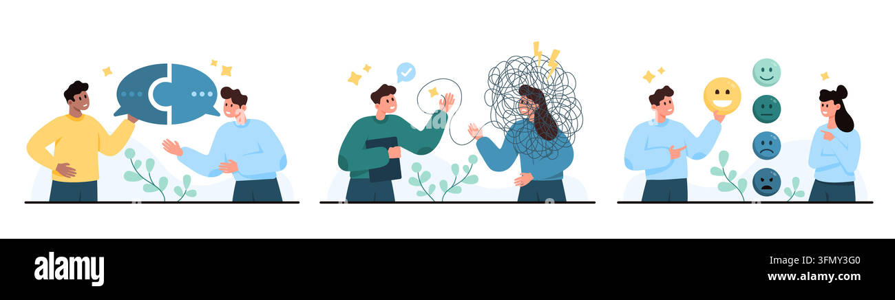Tre scene di terapia mostrano consulenza, supporto emotivo, sollievo dall'ansia e valutazione dell'umore con personaggi di terapista e paziente, isolati su sfondo bianco vettoriale Illustrazione Vettoriale