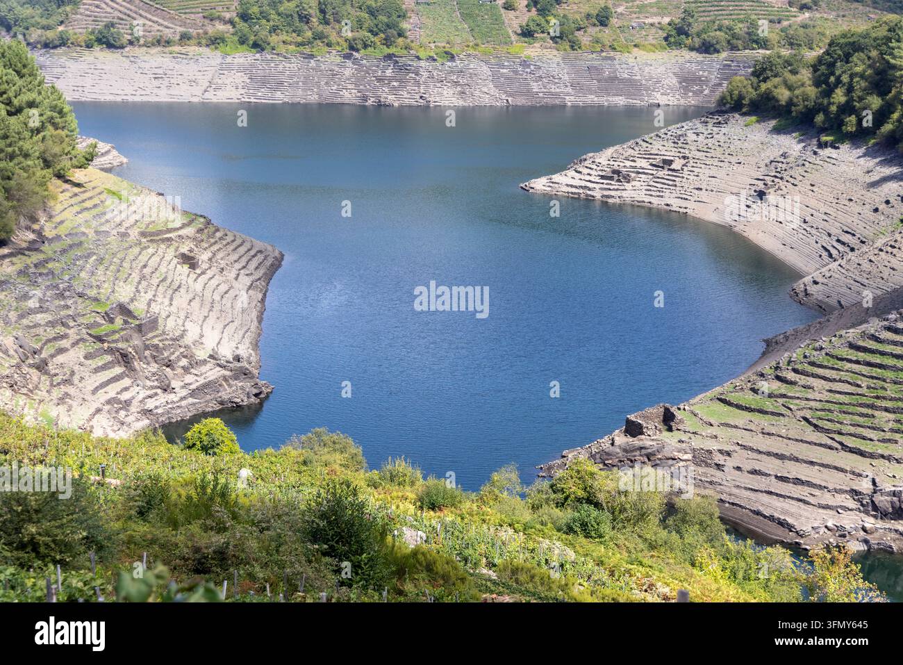 Il bacino di Belesar mostra livelli dell'acqua significativamente bassi, esponendo argini secchi e terrazzati e le colline verdi e i vigneti circostanti Foto Stock