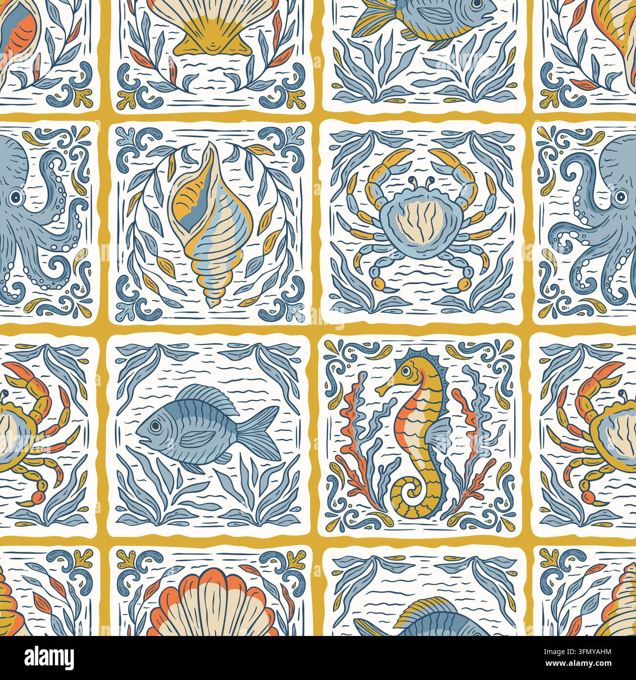 Piastrella marina mediterranea Motivo senza cuciture Ornamentale Vettore Illustrazione Vettoriale