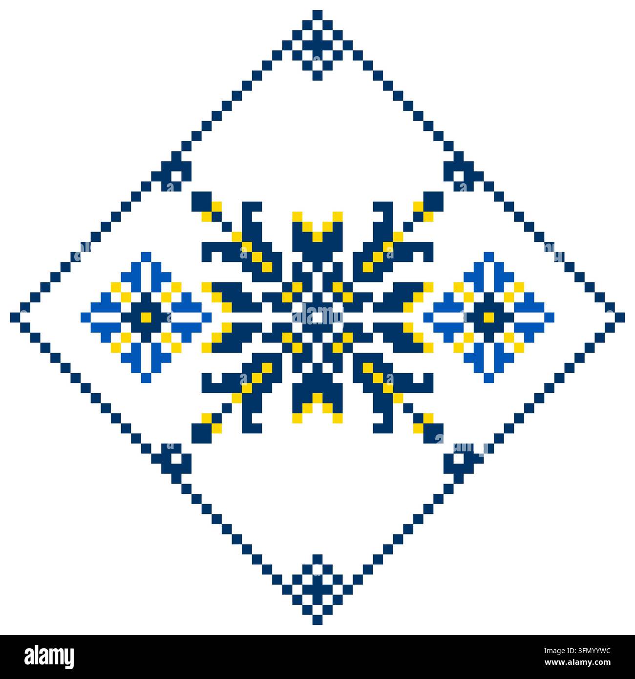 Motivo di ricamo geometrico ucraino tradizionale blu e giallo Foto Stock