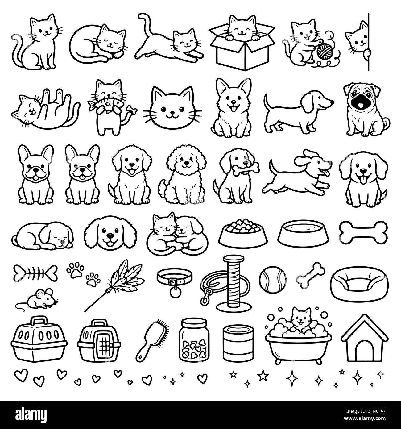 Disegni a mano di animali domestici, illustrazioni di gatti e cani in bianco e nero, illustrazioni per la cura degli animali domestici Illustrazione Vettoriale