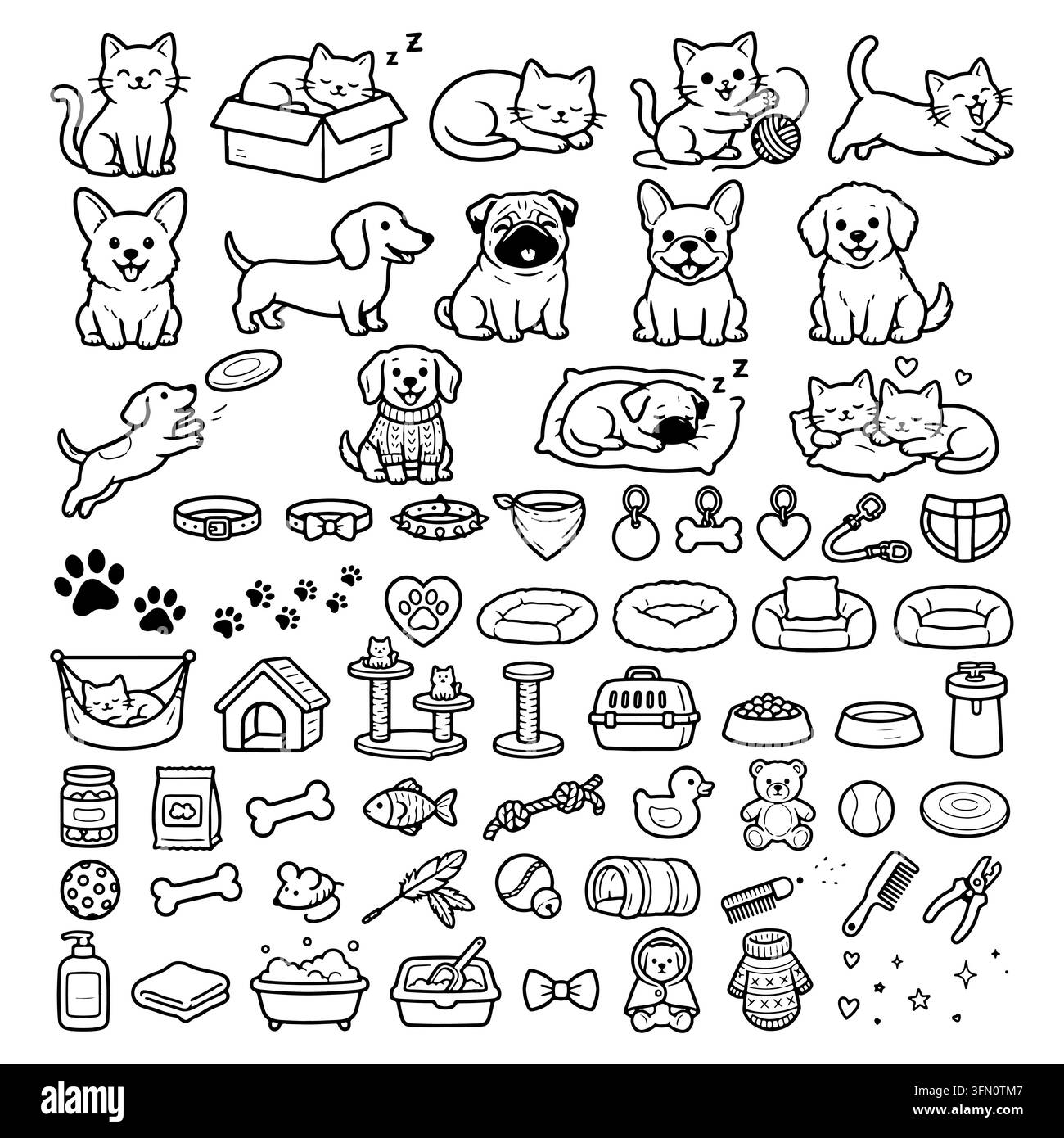 Disegni a mano di animali domestici, illustrazioni di gatti e cani in bianco e nero, illustrazioni per la cura degli animali domestici Illustrazione Vettoriale