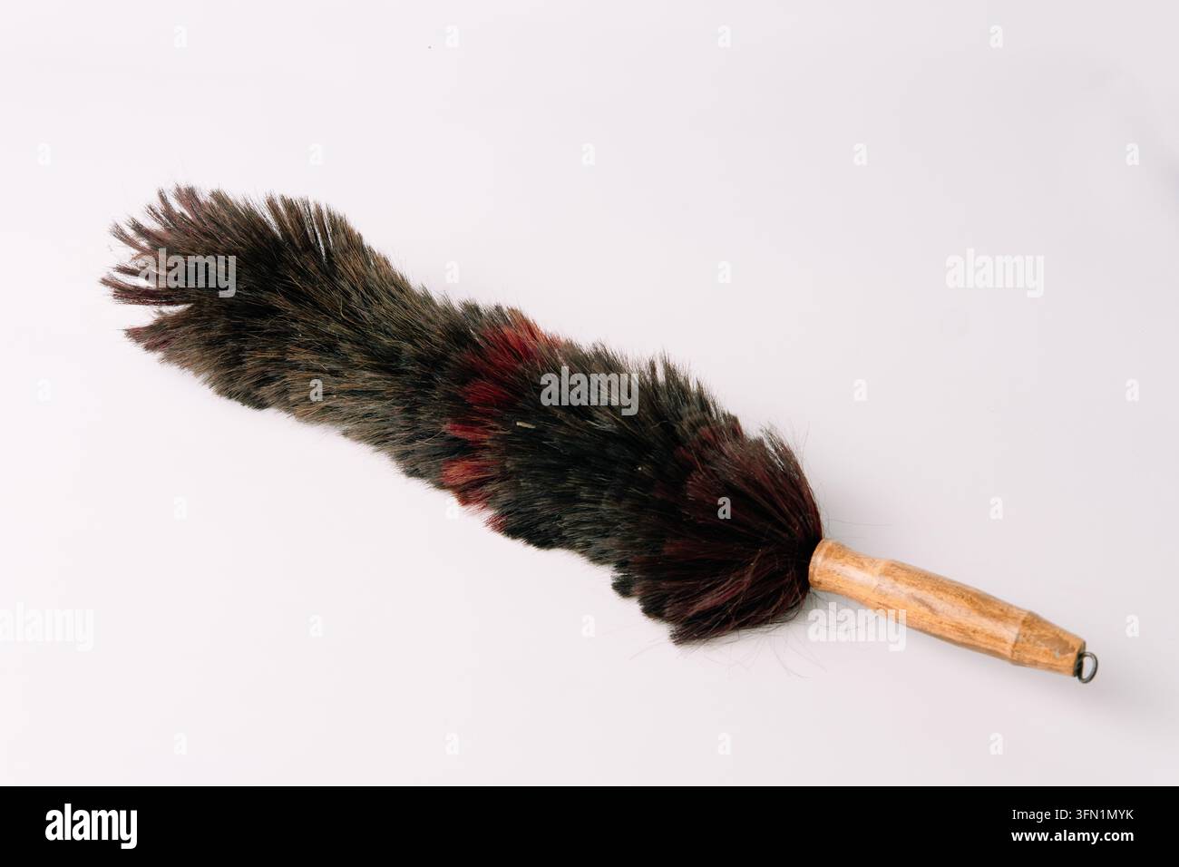 Spolverino tradizionale con manico di legno isolato su sfondo bianco, utile per la pulizia della casa, la gestione domestica, la rimozione della polvere e i concetti di igiene Foto Stock