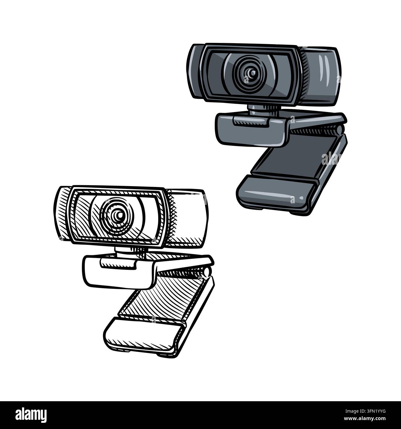 Illustrazione vettoriale in prospettiva disegnata a mano di una webcam esterna per computer in uno stile di schizzo dettagliato a linee fini. Ideale per guide di videoconferenze, live Foto Stock