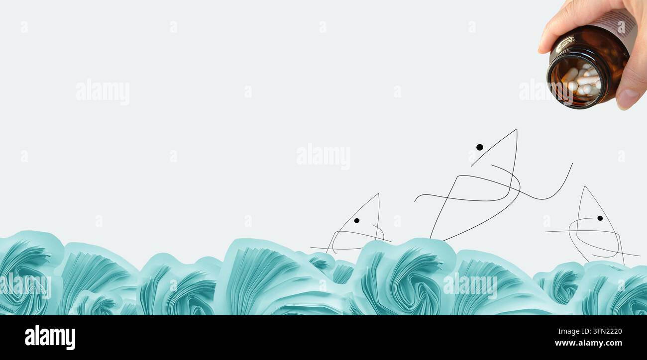 Integratori di olio di pesce o concetto di inquinamento oceanico. Arte lineare stilizzata di pesce che salta dalle onde di carta verso una bottiglia di medicina aperta tenuta da una mano Foto Stock