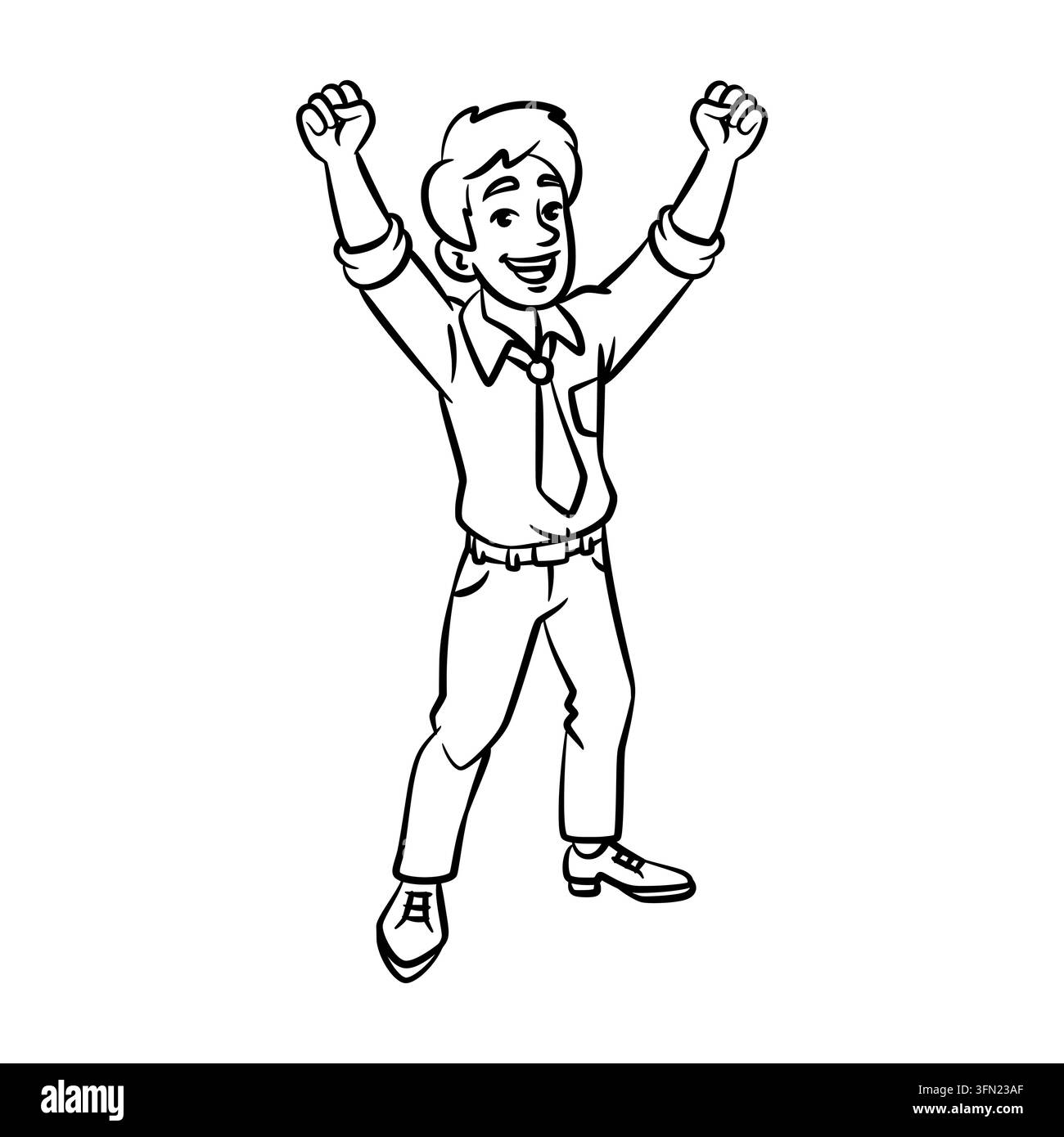 Questo vettore pulito in bianco e nero mostra un uomo d'affari che festeggia con le braccia alzate. Ideale per banner di successo, regalo per la celebrazione del successo Illustrazione Vettoriale