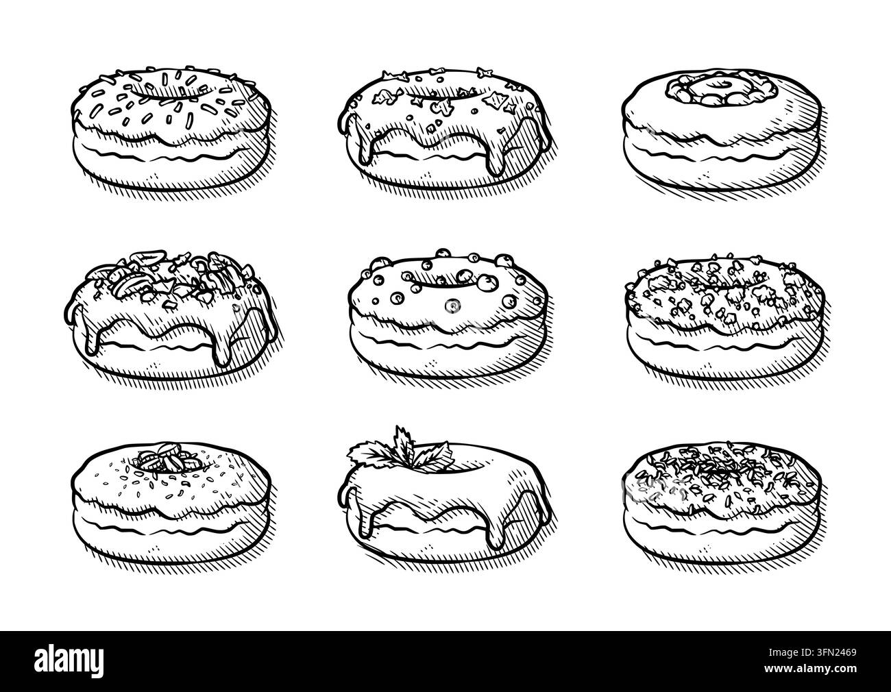 Una collezione classica di ciambelle disegnate a mano in bianco e nero con uno stile di schizzo a inchiostro dettagliato. Ideale per il branding di panetterie artigianali, pasticceria monocromatica Illustrazione Vettoriale