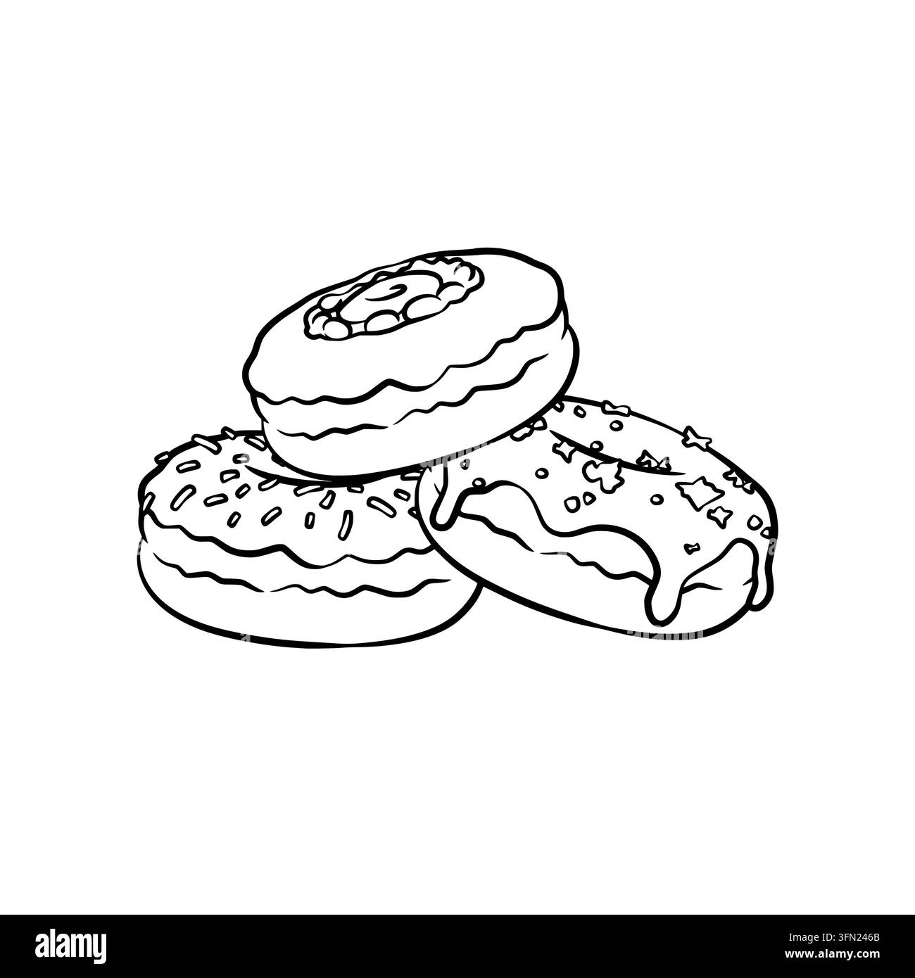 Un trio pulito di donuts in bianco e nero con linee in stile doodle minimalista. Perfetto per le pagine di libri da colorare per panetterie, packaging di dolci Illustrazione Vettoriale