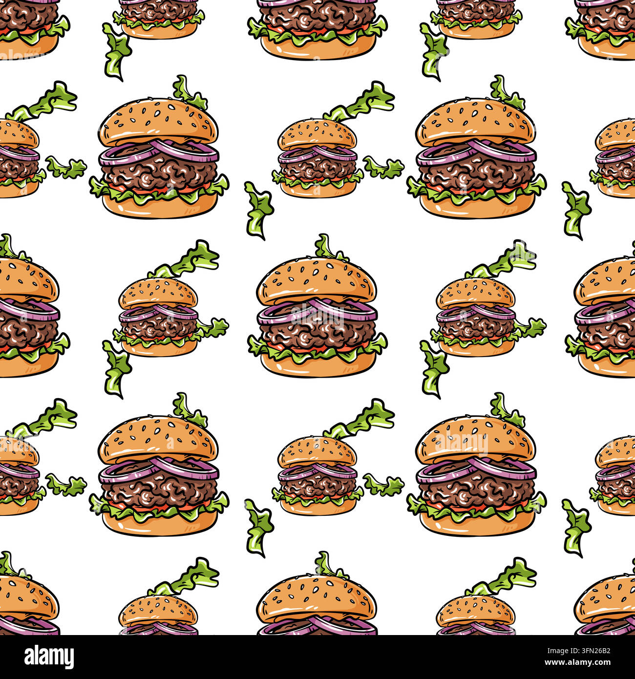 Un modello senza cuciture ripetitivo di deliziosi hamburger gourmet con cipolle rosse che presentano elementi vettoriali in stile pixel art retrò. Perfetto per i ristoranti di fast food Illustrazione Vettoriale