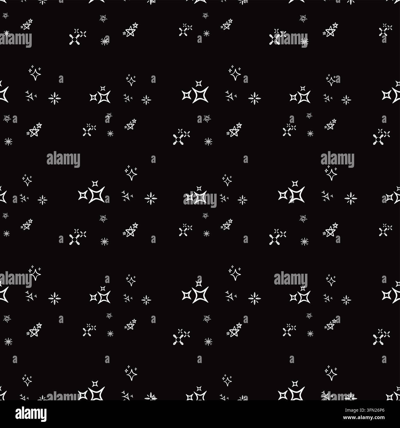 Ammassi di stelle cosmiche bianchi disegnati a mano e scintille magiche disposti in un motivo ripetitivo minimalista su uno sfondo nero scuro. Perfetto per scuro m Illustrazione Vettoriale