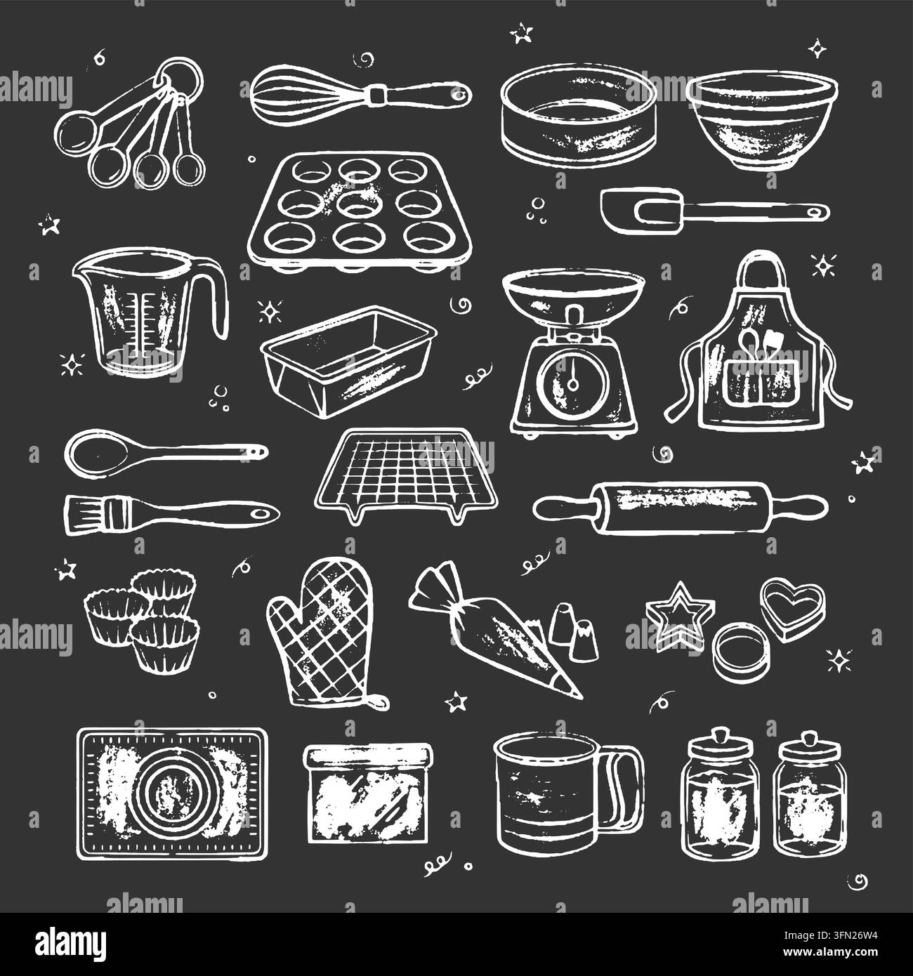 Affascinanti strumenti da forno in stile gesso con illustrazioni a linee bianche su uno sfondo scuro di lavagna. Perfetti per i design di menu di ristoranti, culinari sc Illustrazione Vettoriale
