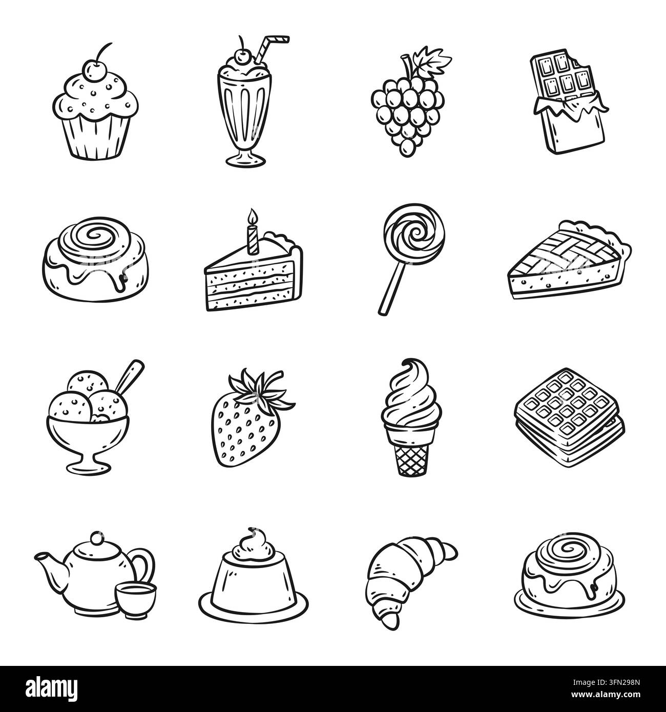 Affascinante collezione vettoriale di dolci, pasticcini e dessert disegnati a mano, con cupcake, milkshake, cioccolato e torte. Reso in un blu pulito Illustrazione Vettoriale