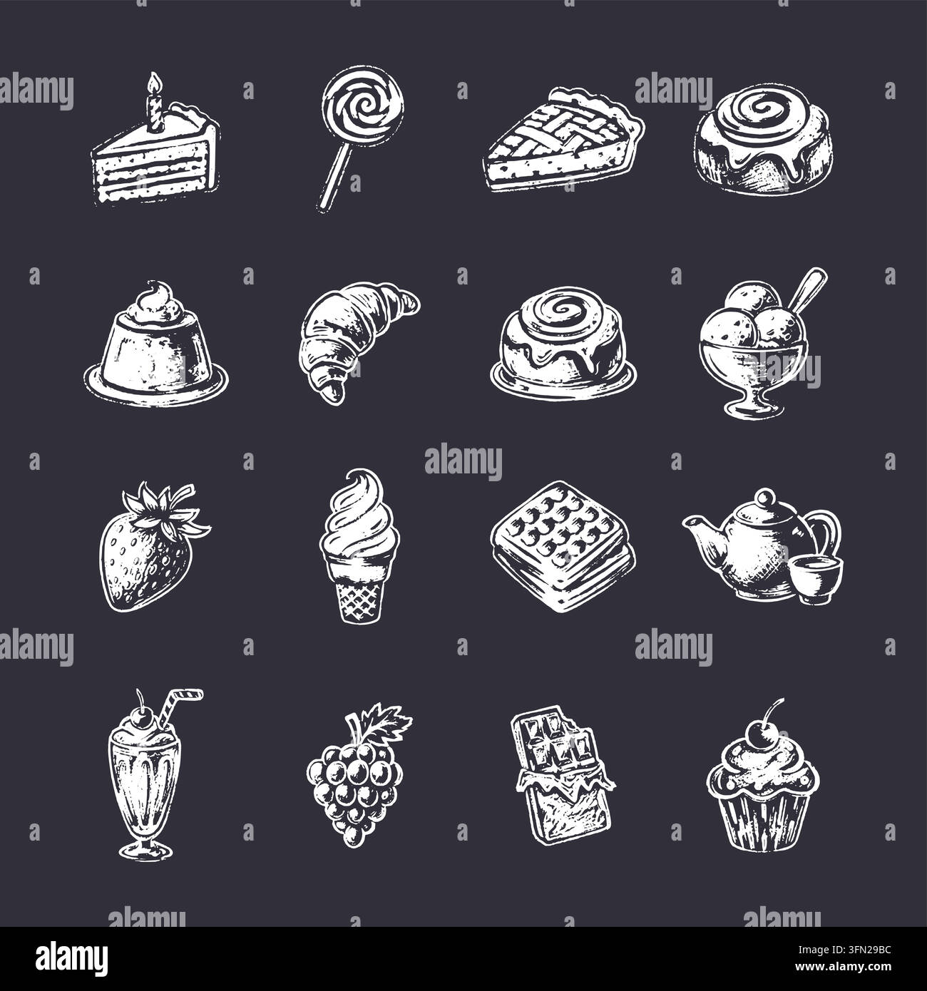 Una deliziosa varietà di illustrazioni a gesso disegnate a mano che mostrano varie prelibatezze dolci, dessert e frutta su uno sfondo di lavagna scura. Illustrazione Vettoriale