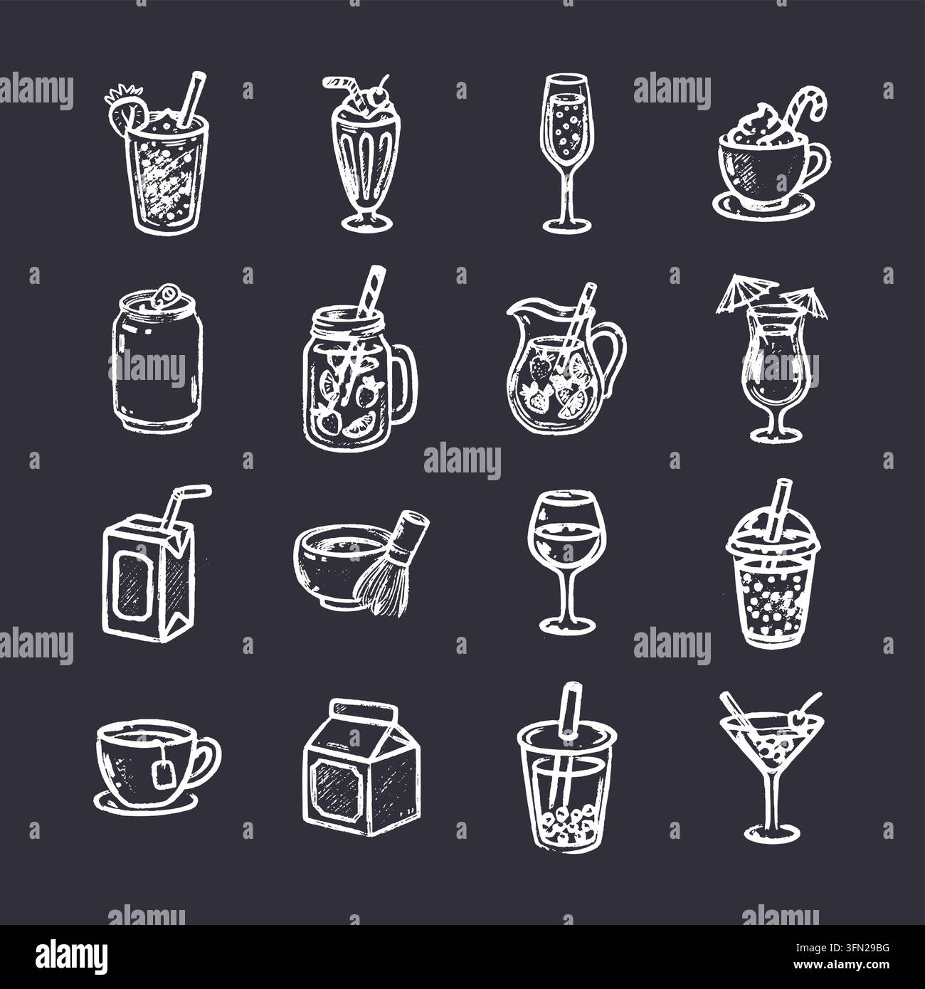 Una collezione squisita di illustrazioni a gesso disegnate a mano con vari rinfreschi, cocktail, succhi e bevande calde su uno sfondo di gesso scuro Illustrazione Vettoriale