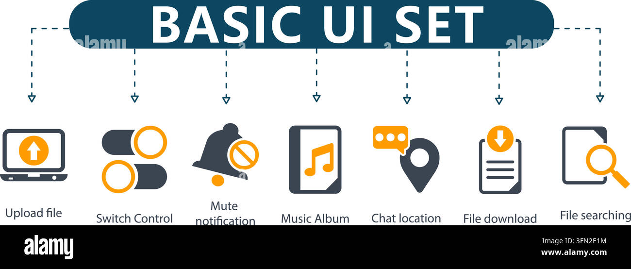 Infografica vettoriale di base dell'interfaccia utente con intestazione centrale e sette icone di interfaccia per caricamento, interruttore, silenziamento, album musicale, chat, download e ricerca. Illustrazione Vettoriale