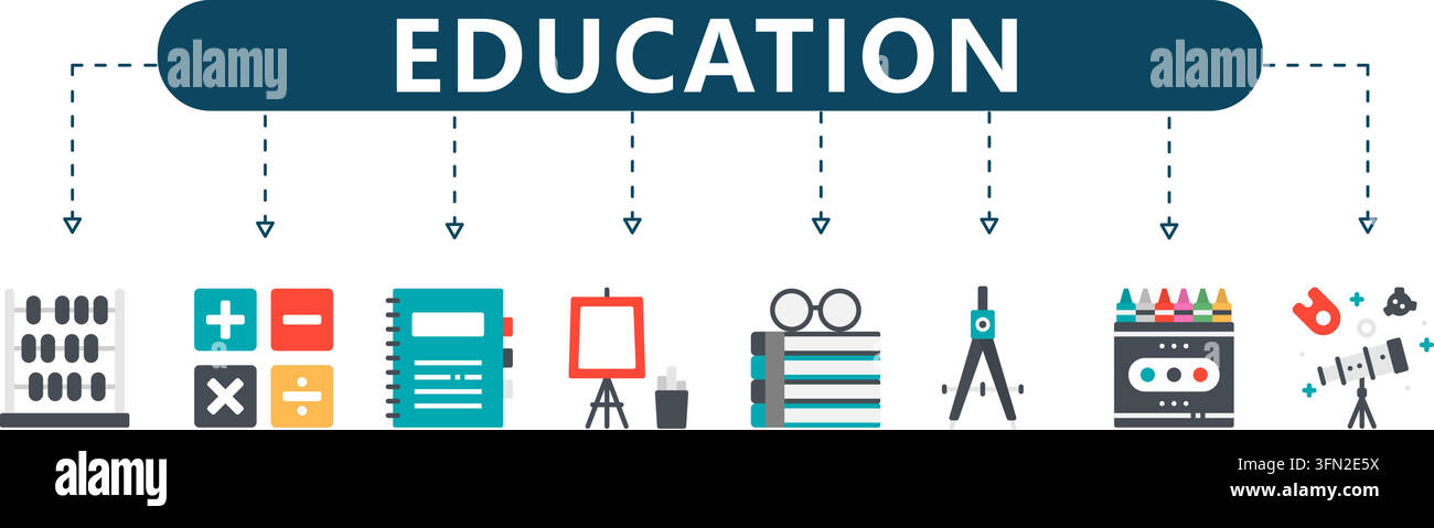 Infografica vettoriale sull'educazione con otto icone piatte colorate che rappresentano abaco, simboli matematici, quaderno, cavalletto, libri, bussola, pastelli colorati. Illustrazione Vettoriale