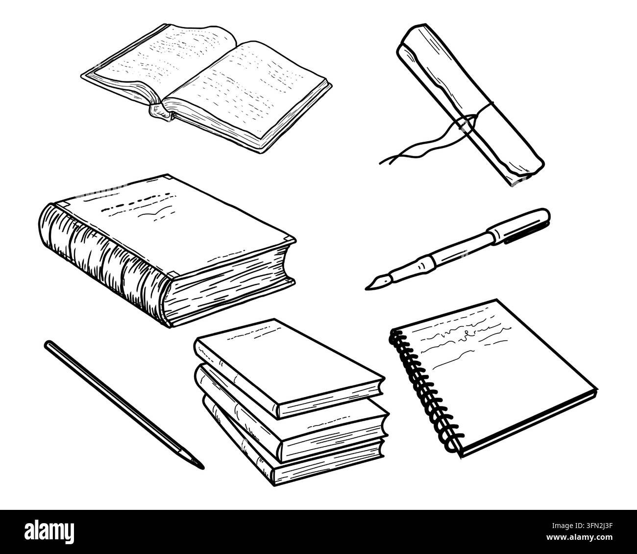 Libri e materiale per scrivere, schizzo, illustrazione vettoriale. Per la stampa di cartoline per la festa degli insegnanti e la laurea, design di biblioteche, decorazione dell'ufficio Illustrazione Vettoriale