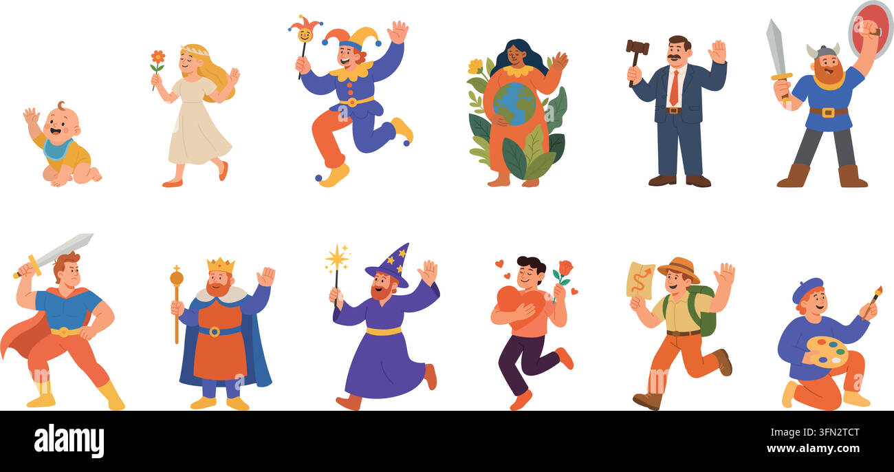 Set di dodici personaggi cartone animato che rappresentano archetipi junghiani. Raccolta vettoriale di persone carine e figure fantasy in varie pose Illustrazione Vettoriale