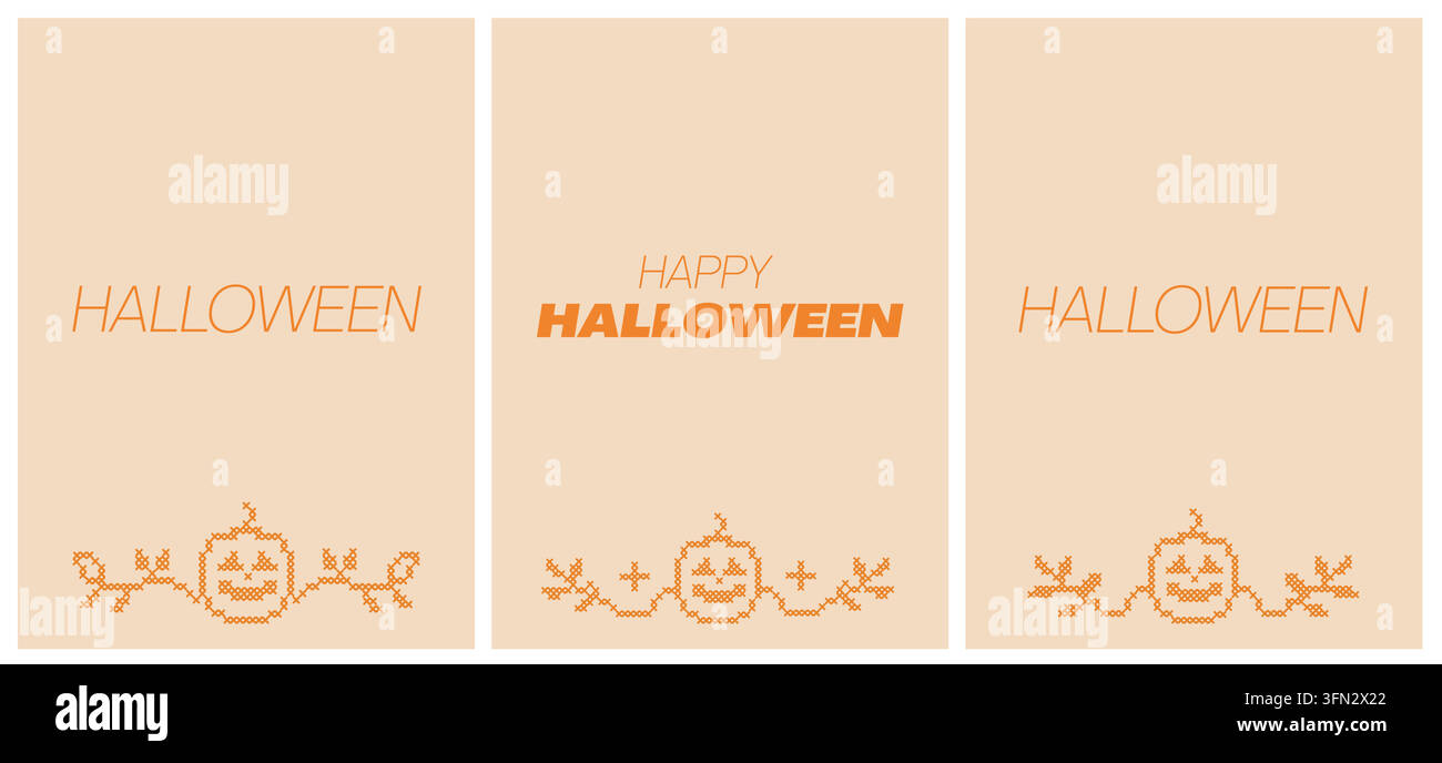 Set di modelli per biglietti di auguri di Halloween a punto croce. Sfondi folkloristici spaventosi da ricamare. Layout di inviti digitali personalizzabili con bordo a zucca Illustrazione Vettoriale