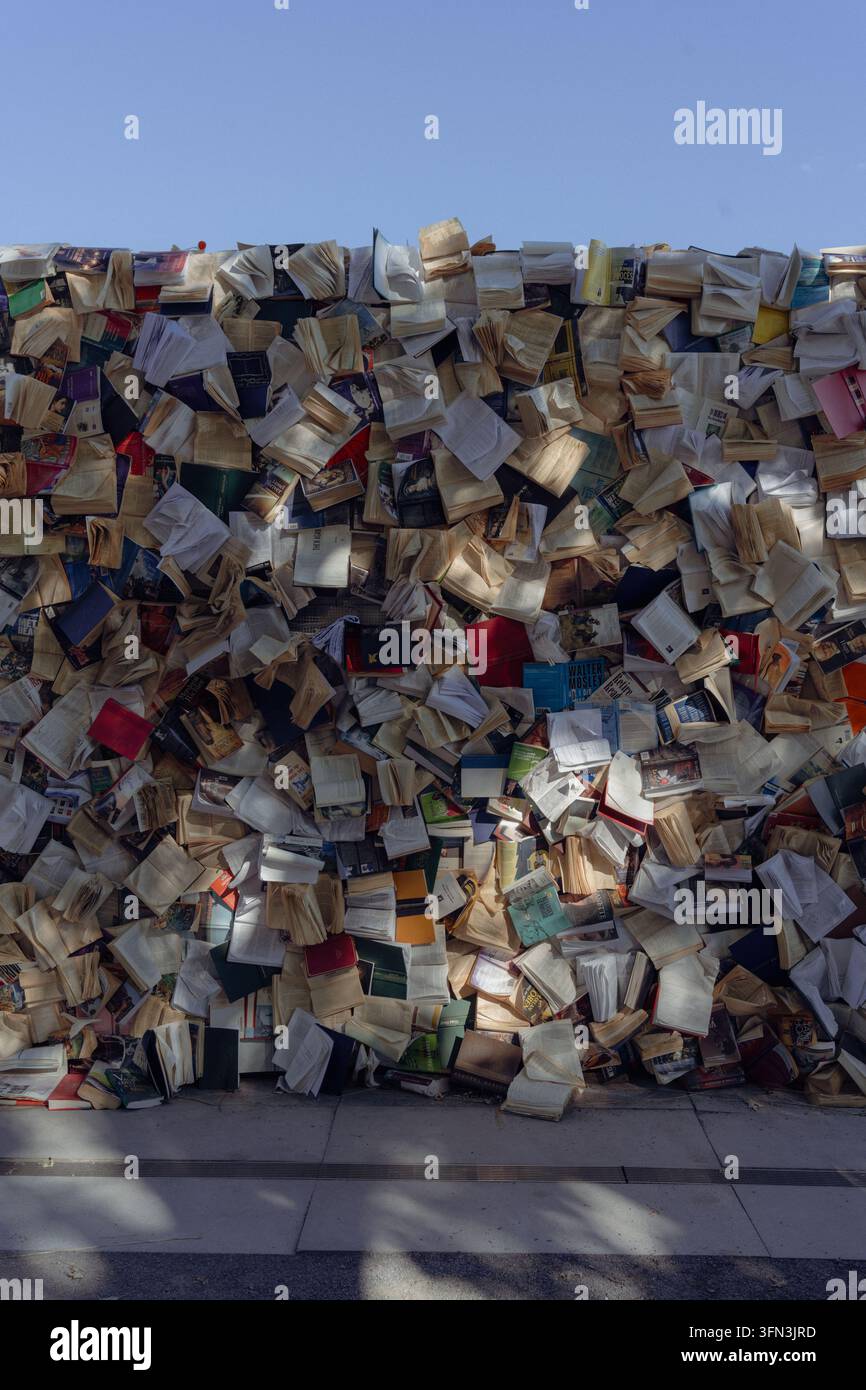 Muro coperto di vecchi libri come installazione di arte di strada Foto Stock