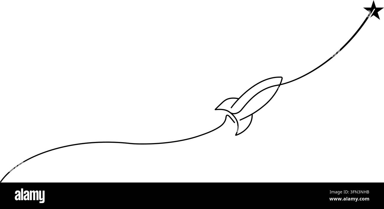 Razzo a linea continua che vola verso un'icona a stella, disegno a una linea, concetto minimalista di crescita di una startup, successo aziendale, obiettivo di realizzazione, lancio spaziale, simbolo di innovazione, arte a linea sottile modificabile, illustrazione in stile monoline. Illustrazione Vettoriale