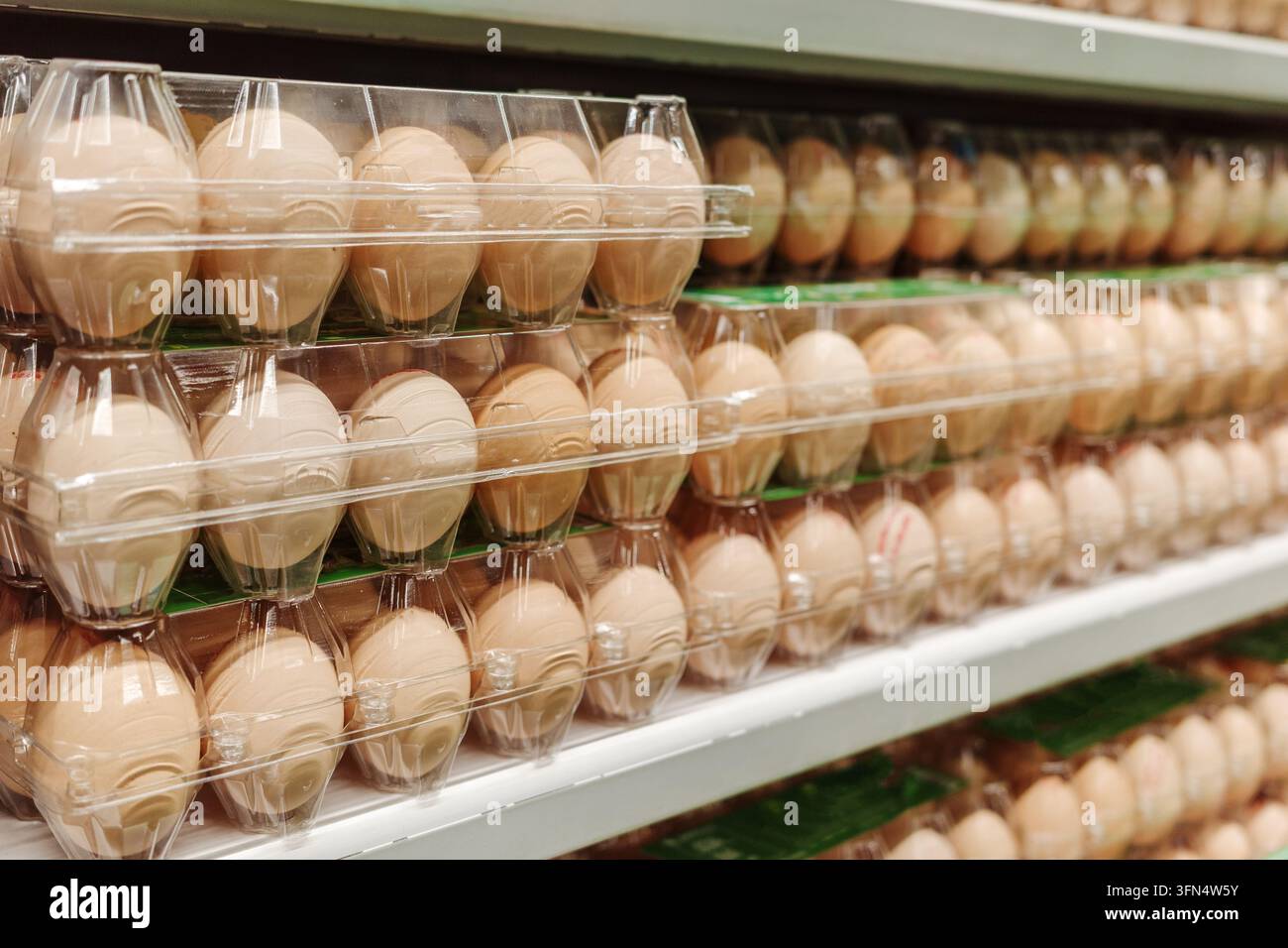 Uova in cartoni trasparenti su scaffale di supermercato con confezioni per il merchandising di generi alimentari, la vendita al dettaglio di prodotti di prima necessità, prezzi variabili, nutrizione, domanda e acquisti domestici. Foto Stock