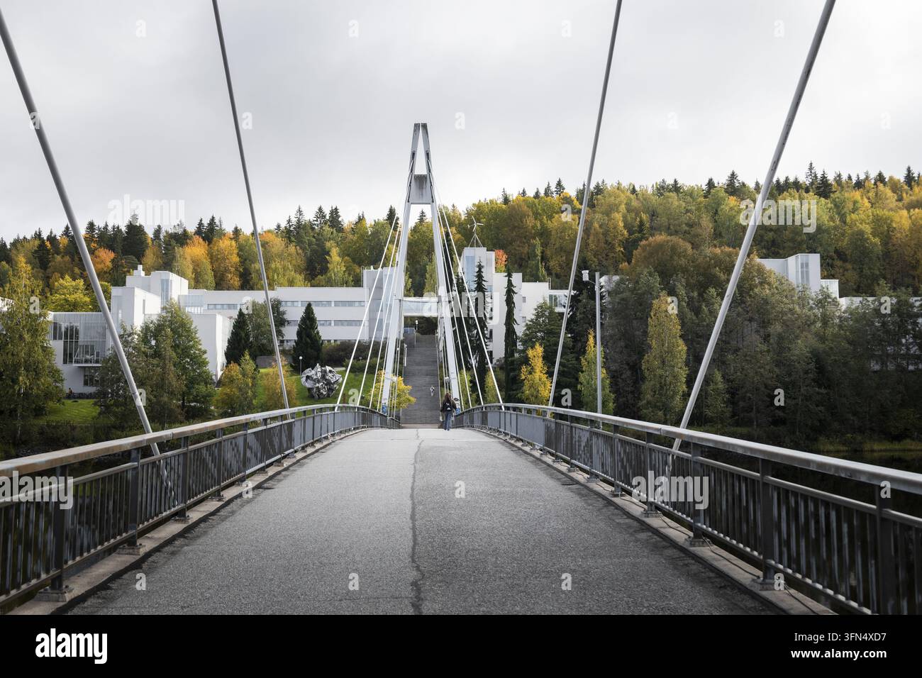Vista del ponte Ylisto con il suo caratteristico pilone di sospensione che conduce ad edifici moderni circondati dalla vegetazione autunnale a Jyvaskyla, Finlandia centrale Foto Stock