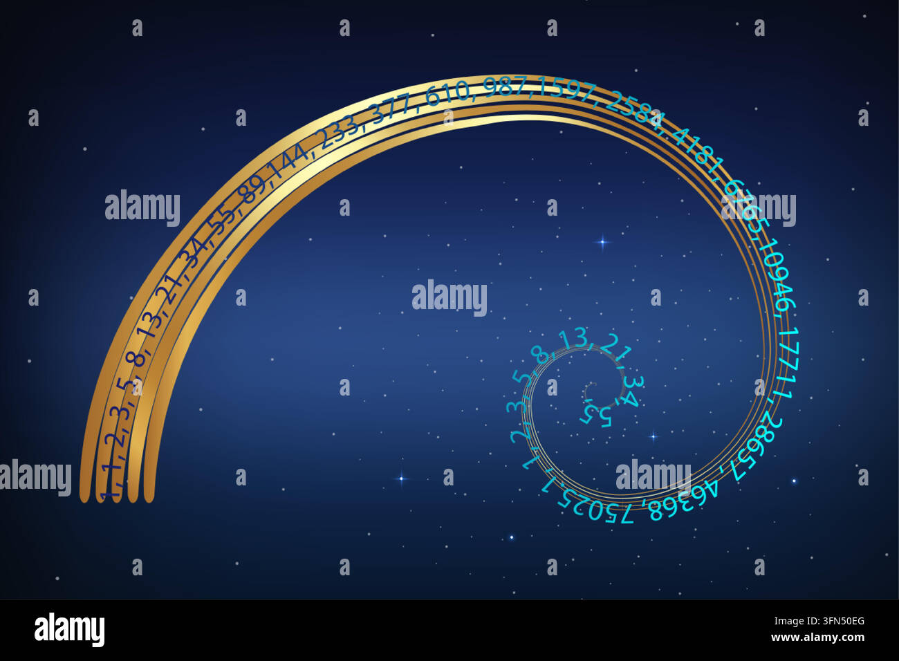 Sequenza di numeri di Fibonacci, rapporto aureo, spirale di proporzione dorata. Illustrazione vettoriale isolata su sfondo blu galattico Illustrazione Vettoriale